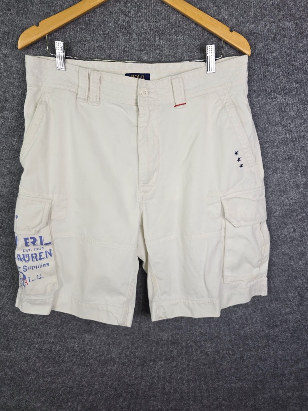 Polo Ralph Lauren Gellar Cargo Shorts Mens 34 White Graphic Stars Y2K Cotton
